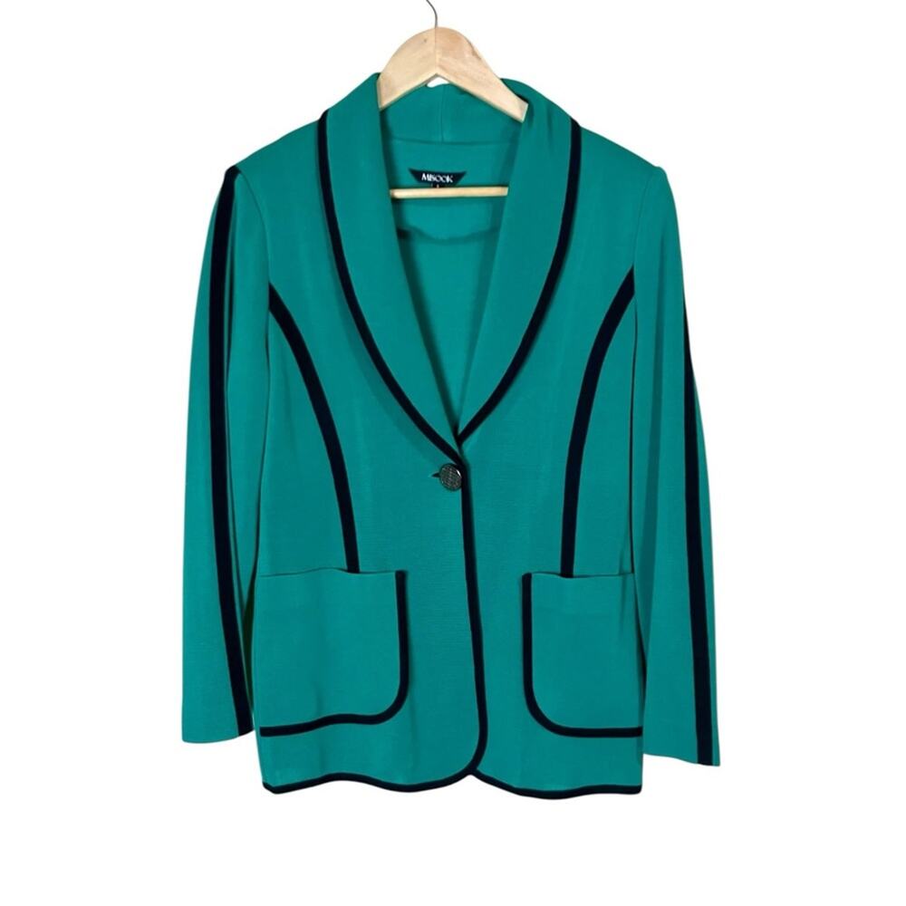 Misook Knit Blazer Jacket Green with Black Piping Size Small